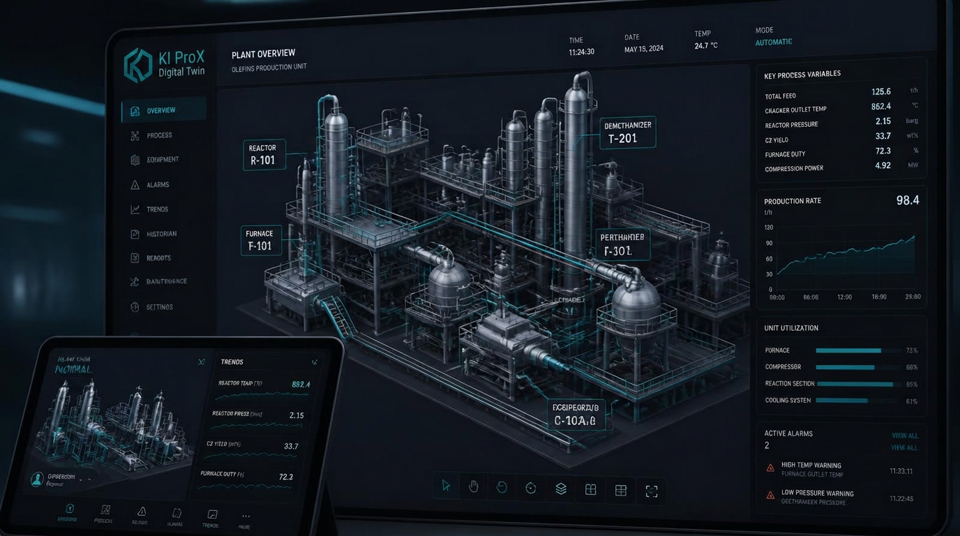 Prozesstechnik App Dashboard mit 3D Anlagenmodell und Echtzeitdaten