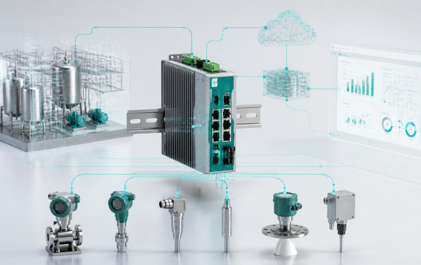 IIoT-Gateway mit Prozesssensorik und dargestellter Netzwerktopologie zur Digitalisierung