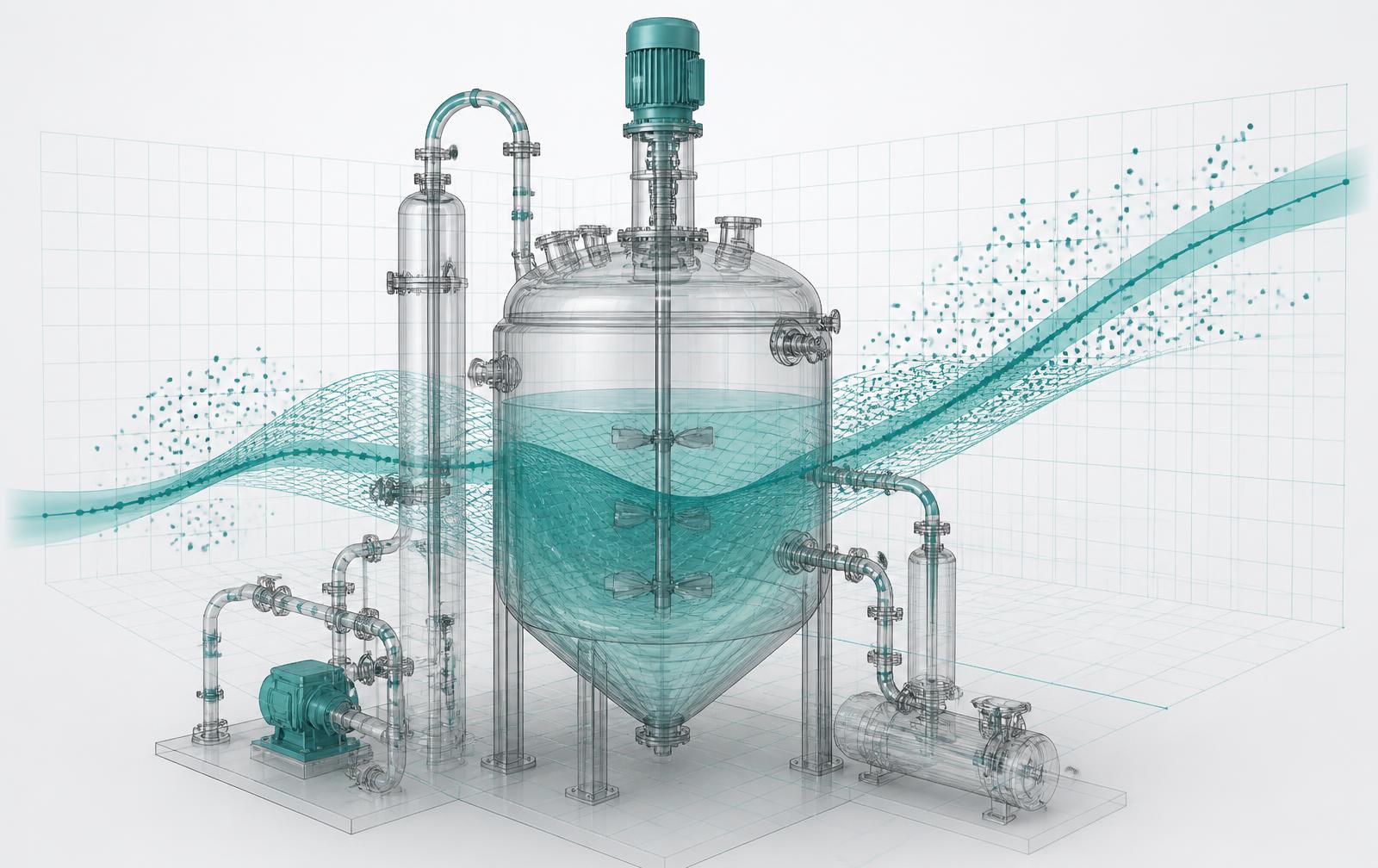 Digitaler Zwilling eines Reaktors mit überlagerten Prognosekurven und Datenclustern