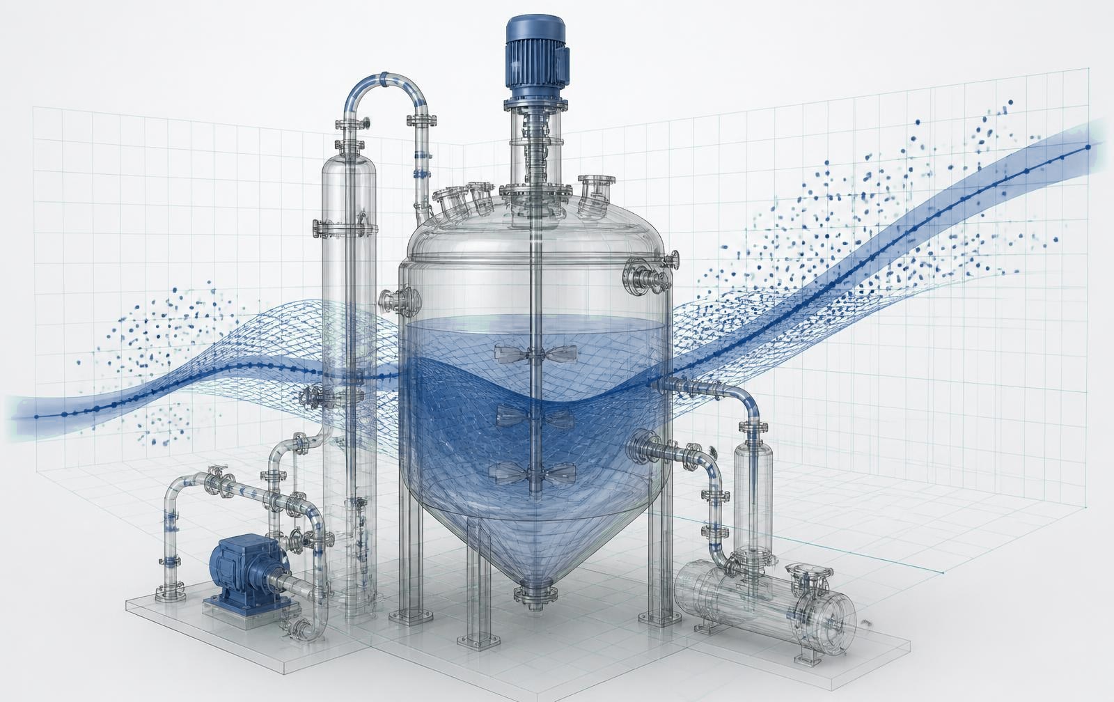 Digitaler Zwilling eines Reaktors mit überlagerten Prognosekurven und Datenclustern