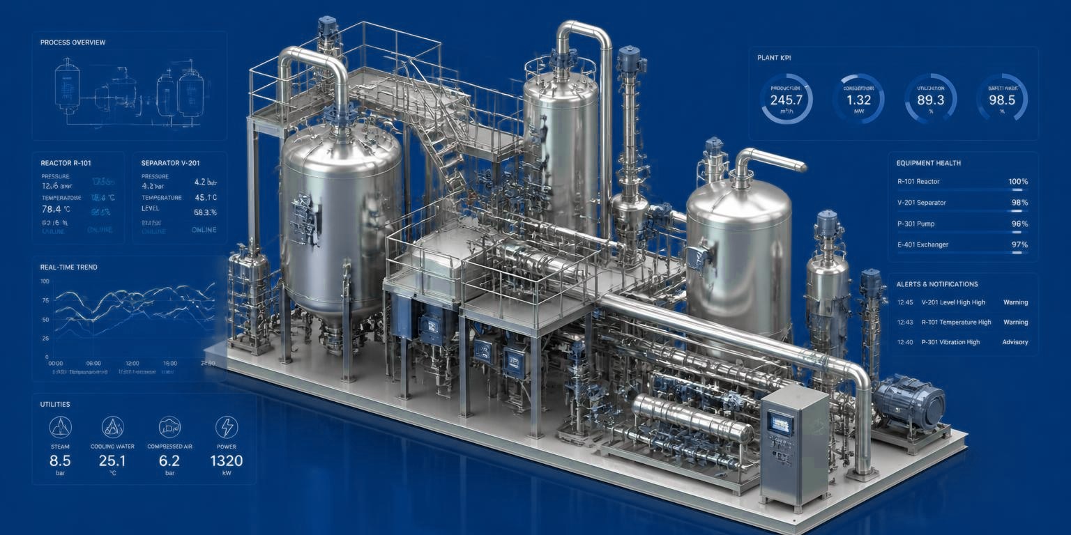 Prozessvisualisierung mit Kennzahlen und Anomalieanzeige über einer industriellen Anlage